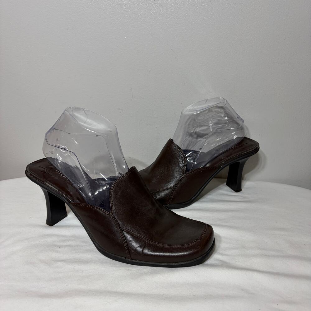 VTG Y2K 90s Maripe Heels Mules Brown Leather Square Toe Office Career Grunge 9.5